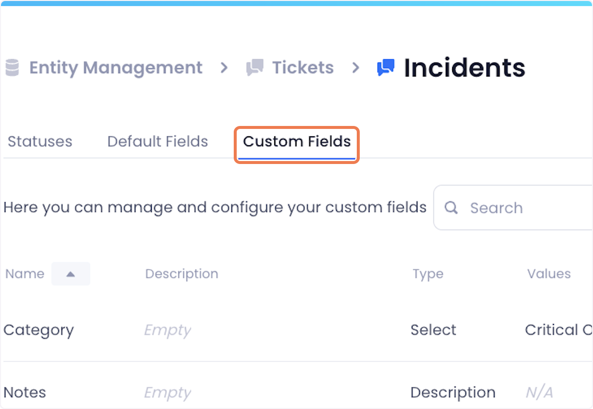 On the ticket type configuration page, click on the Custom Fields tab at the top of the page