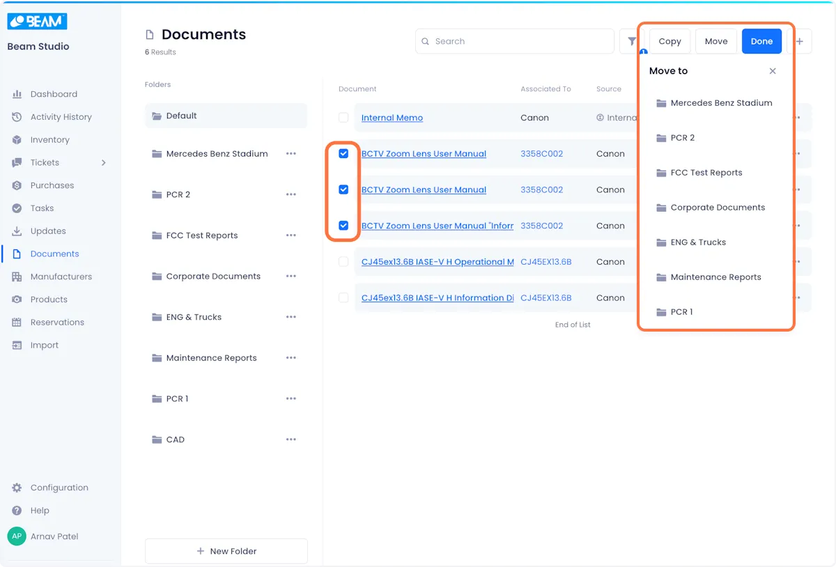 You can Move or Copy documents to a different folder by selecting them using the checkboxes on the left side of the Documents table, and then using the Copy and move dropdowns at the top right of the page to select the folder you want to move or copy the them to.