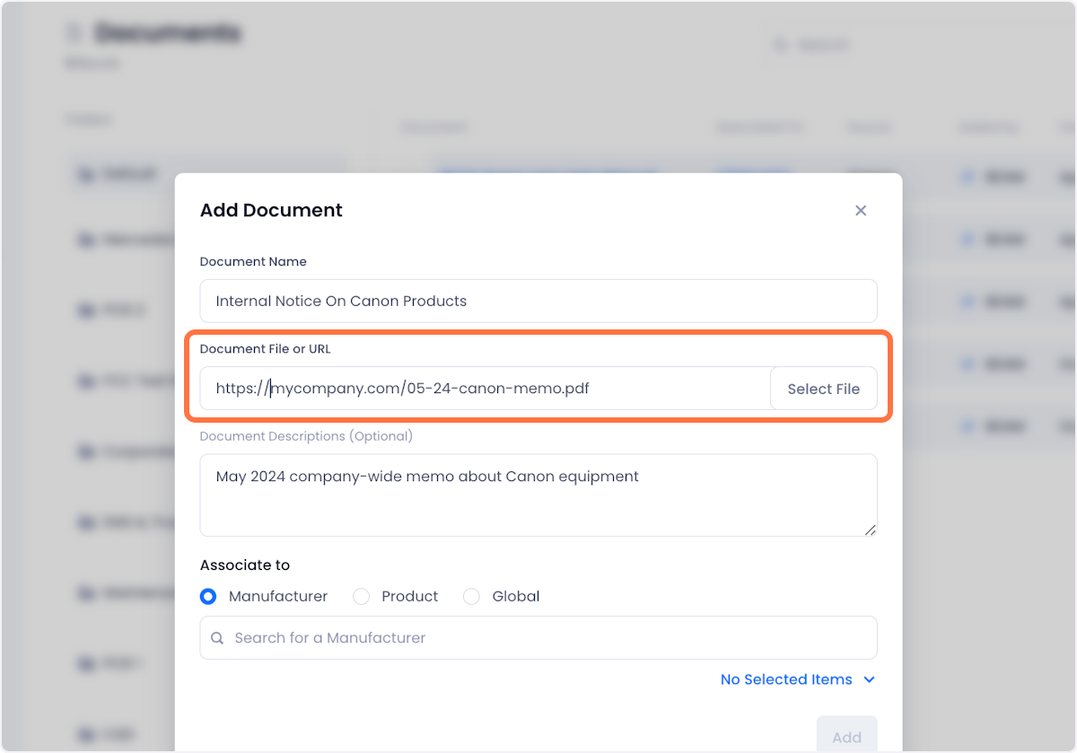 Upload the document file or paste a link to the file in the Document file or URL field.