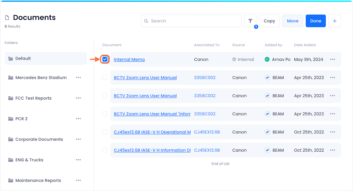 Select the documents you want to move by checking the box associated with it. You can select multiple checkboxes if you want to move multiple documents