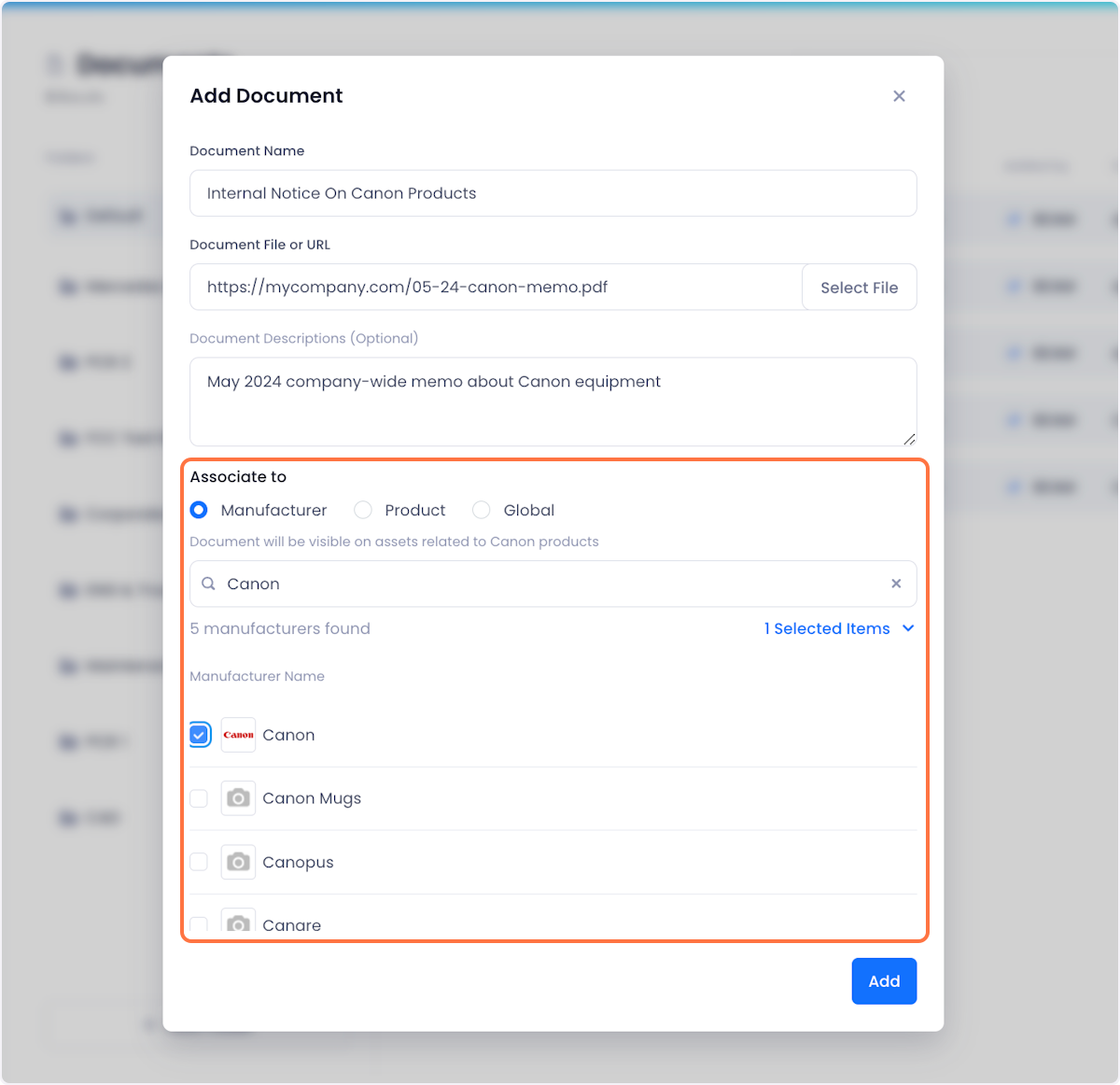 Select what products you want to associate your new document with.