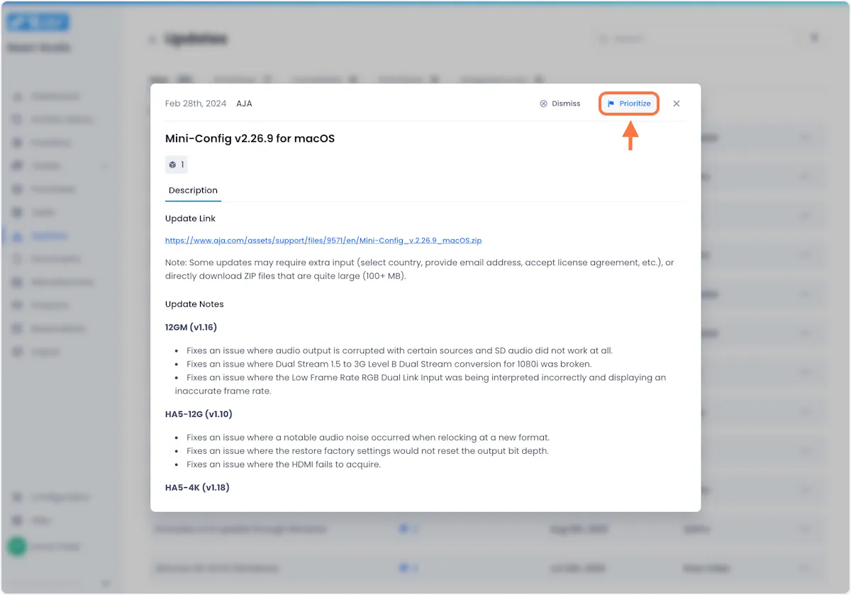 To prioritize an update for work, click on the Prioritize button in the top right of the popup.