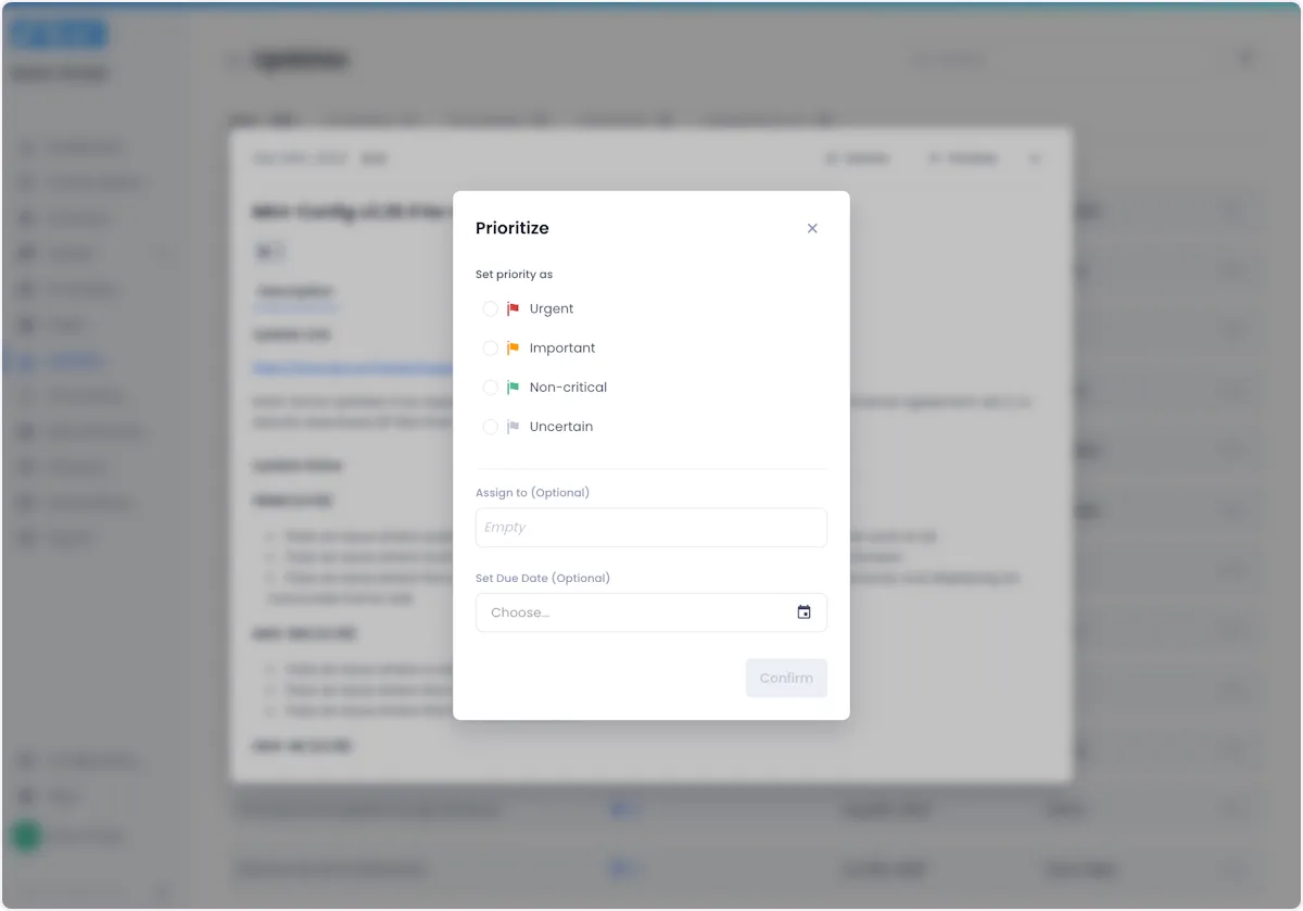 Doing so will open a popup where you can set the Updates priority status, assign it to a teammate, and set a due date for it.