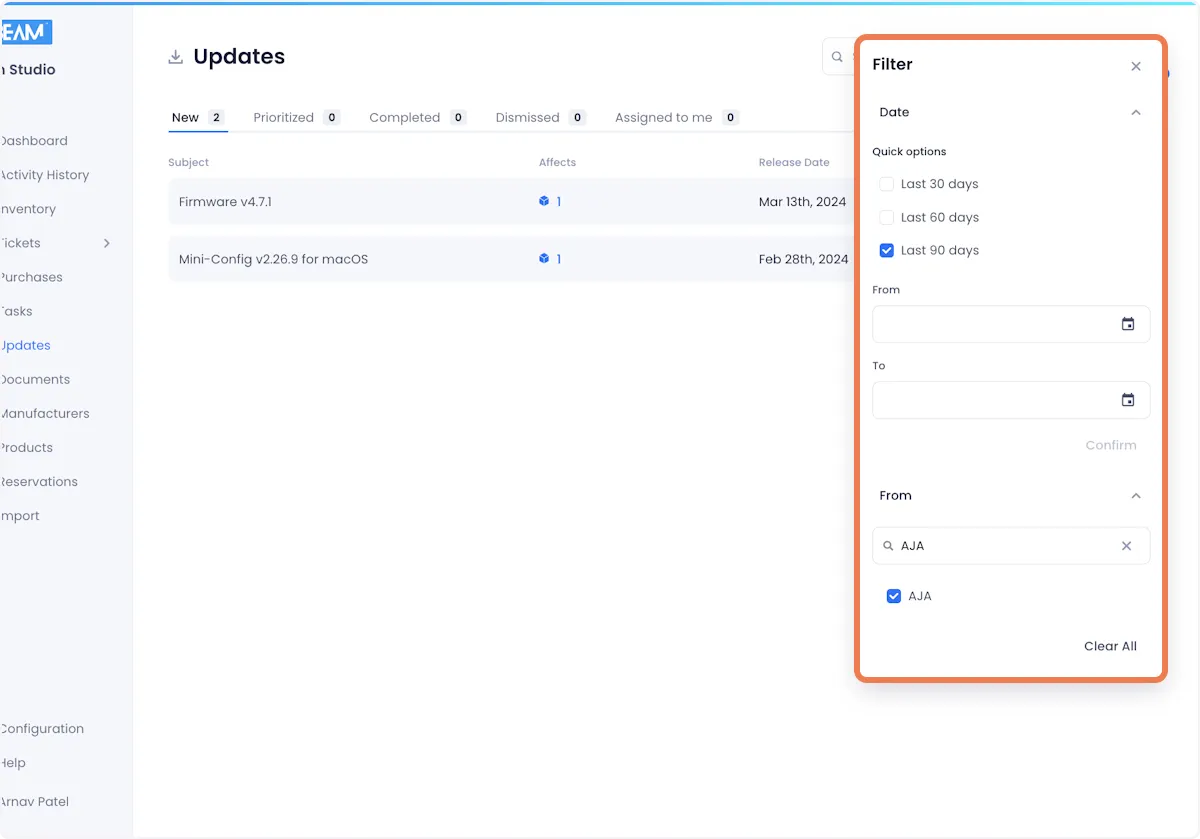 The filter options let you narrow down your updates by Date (i.e. the date the update was detected) and/or Source (i.e. which manufacturer issued the update)
