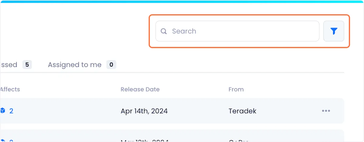 You can search for specific updates using the search bar and filter options in the top right of the page.