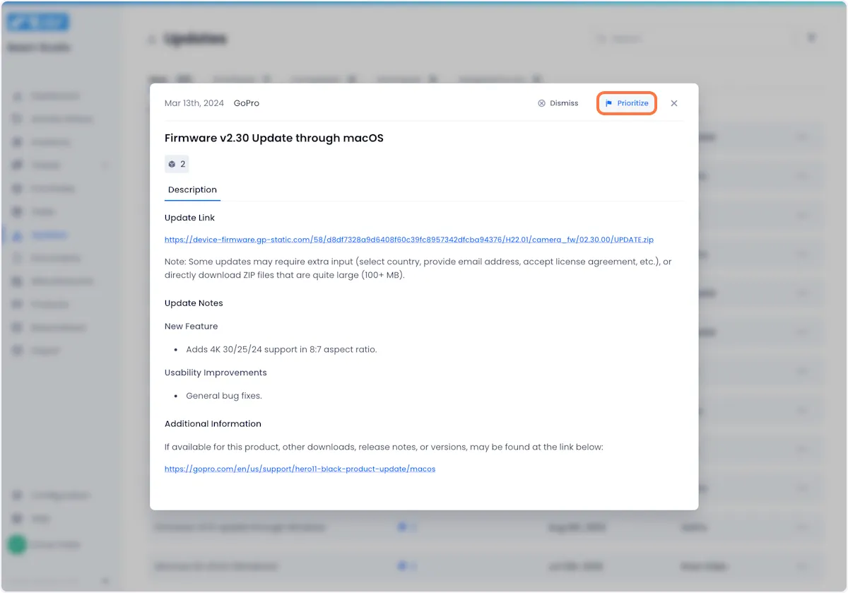 In the top right of the Update popup, click on the prioritize button.