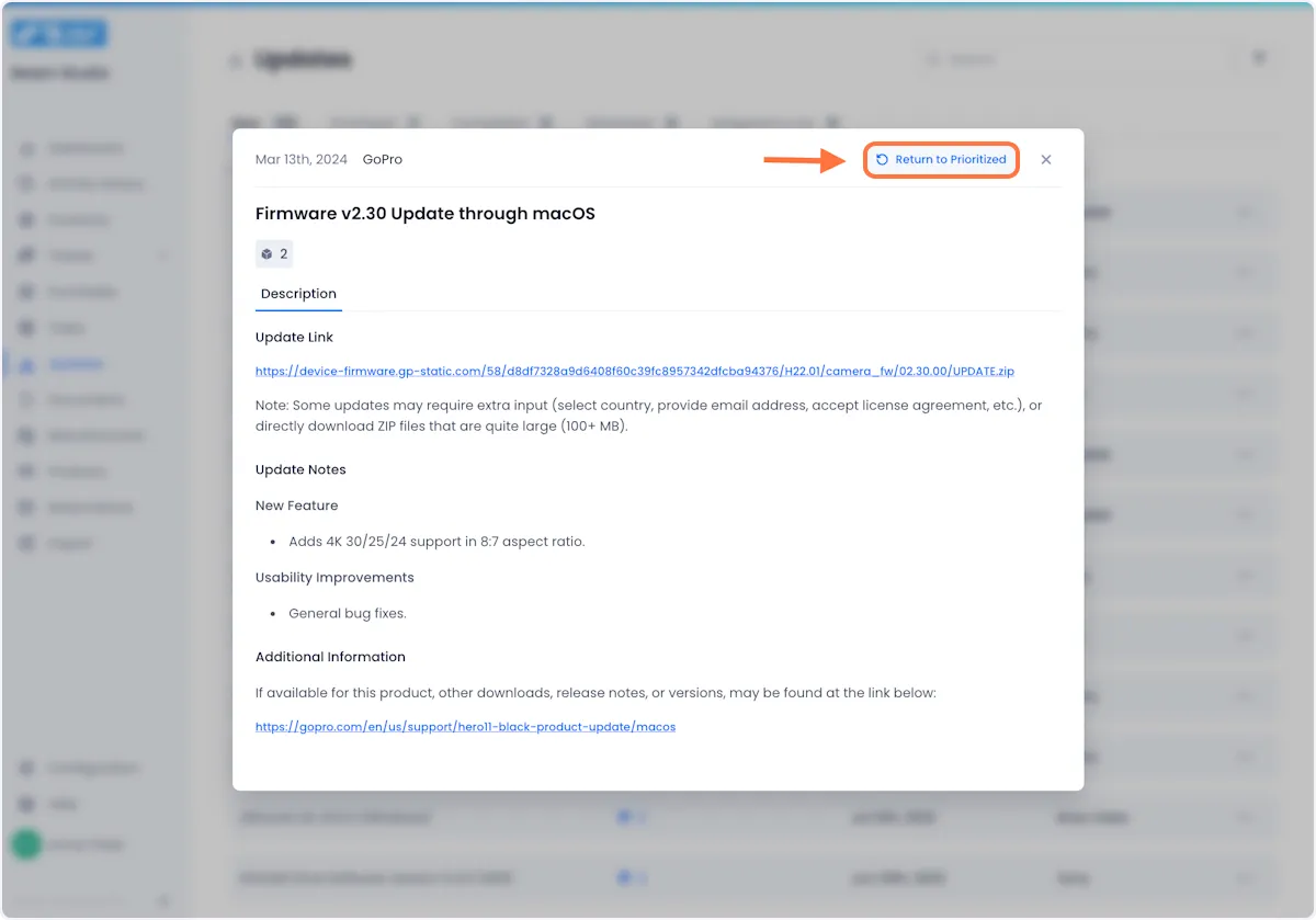 If for any reason, you want to bring the update back to the list of updates that needs to be acted upon, click on the return button to bring it back.
