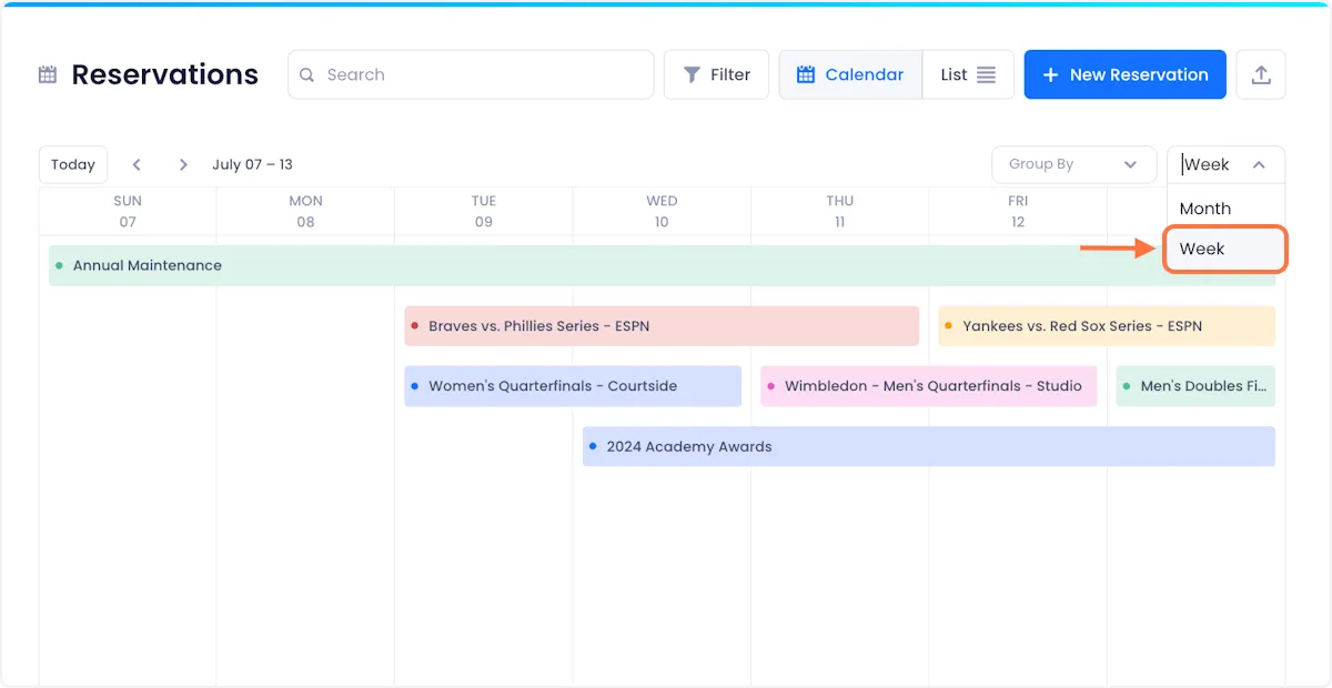 You can toggle the calendar view between Month and Week by selecting from the dropdown at the top right of the calendar view.