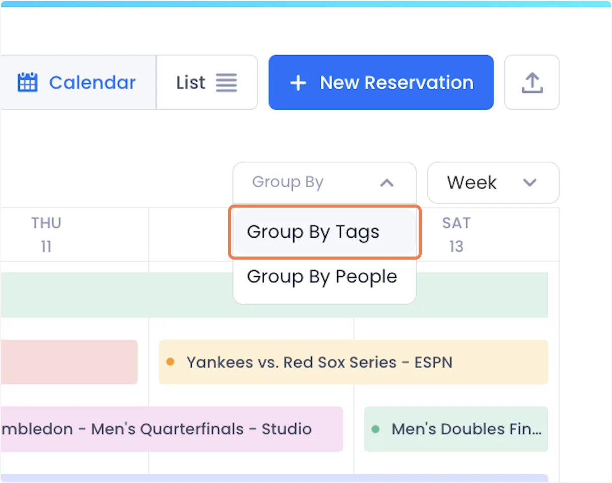 When you're in the week, view you can also group reservations by either tags or people.