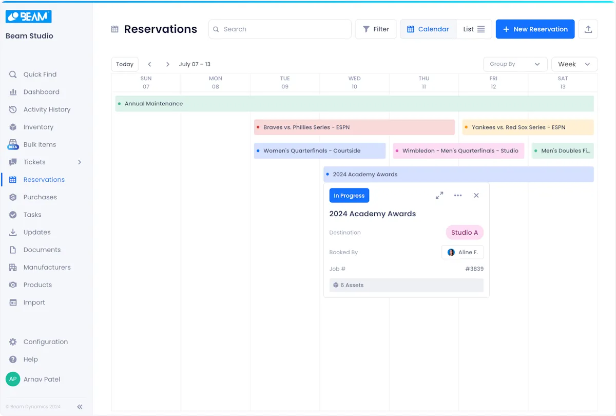 To access additional details about a reservation in calendar view, hover over it for additional details or click on the reservation to open up the edit/view modal.