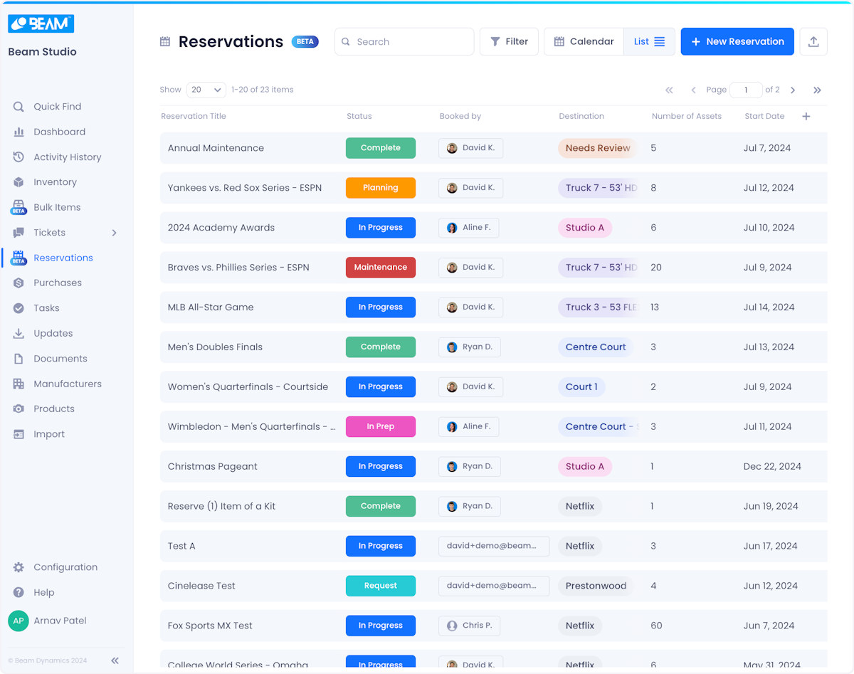 The list view shows you all your reservations in a table format, much like assets, tickets and purchases are displayed on their own pages.