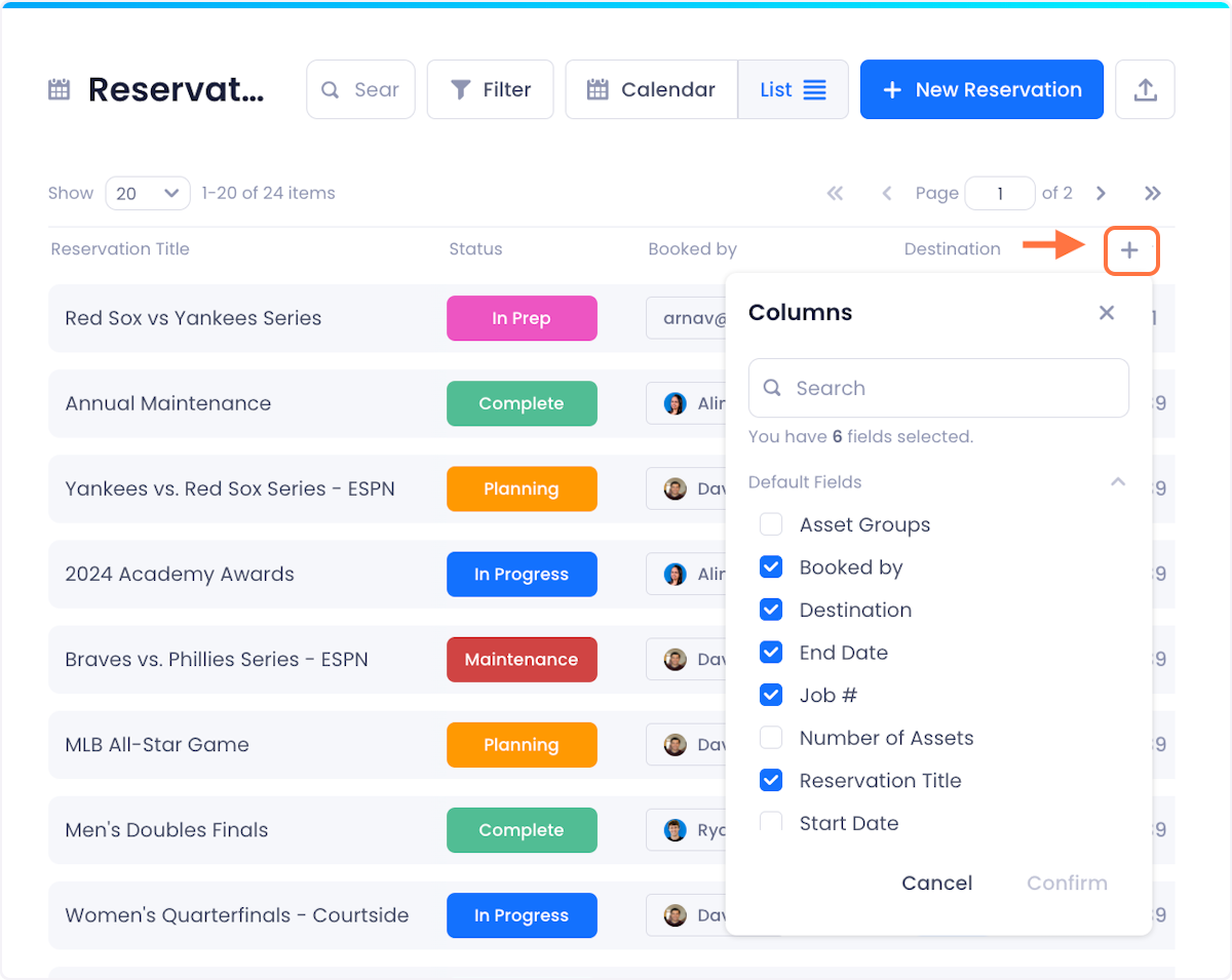 You can customize the Reservations list  by clicking the plus button in the top right of the screen and checking/unchecking the columns you want to make visible.