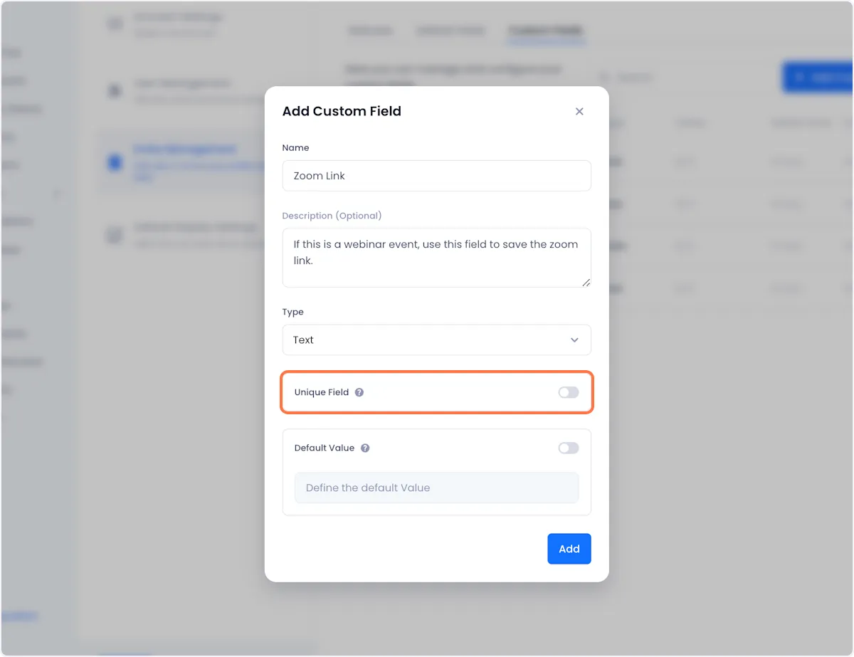 If you want values in this field to be unique (i.e. no two reservations can have the same value) toggle the unique field option on.