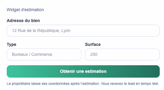 Widget d'estimation immobilière avec champs pour adresse, type de bien, surface, et bouton vert Obtenir une estimation.