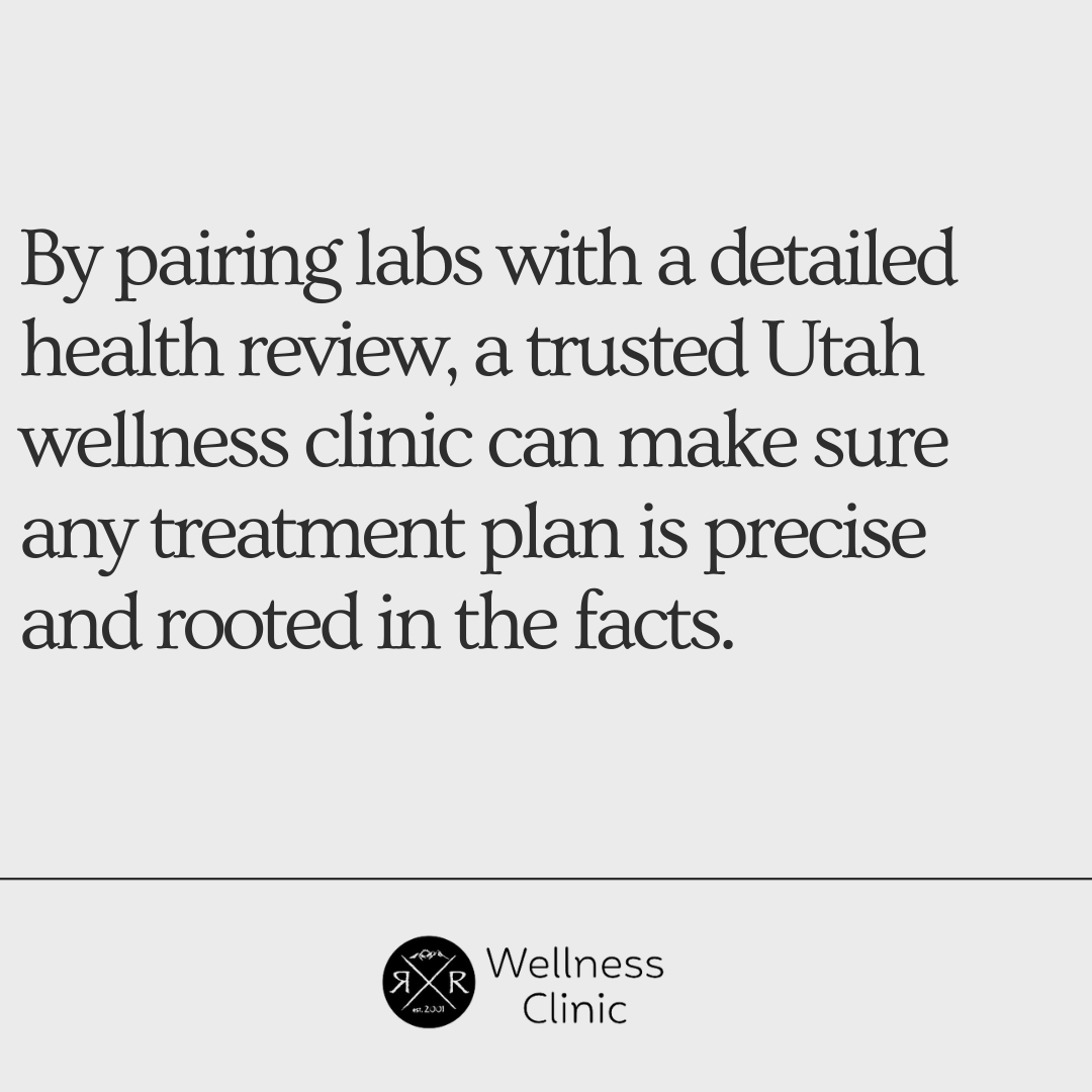 Text graphic explaining TRT therapy in Utah: Pairing lab results with a detailed health review helps wellness clinics create precise, evidence-based treatment plans.