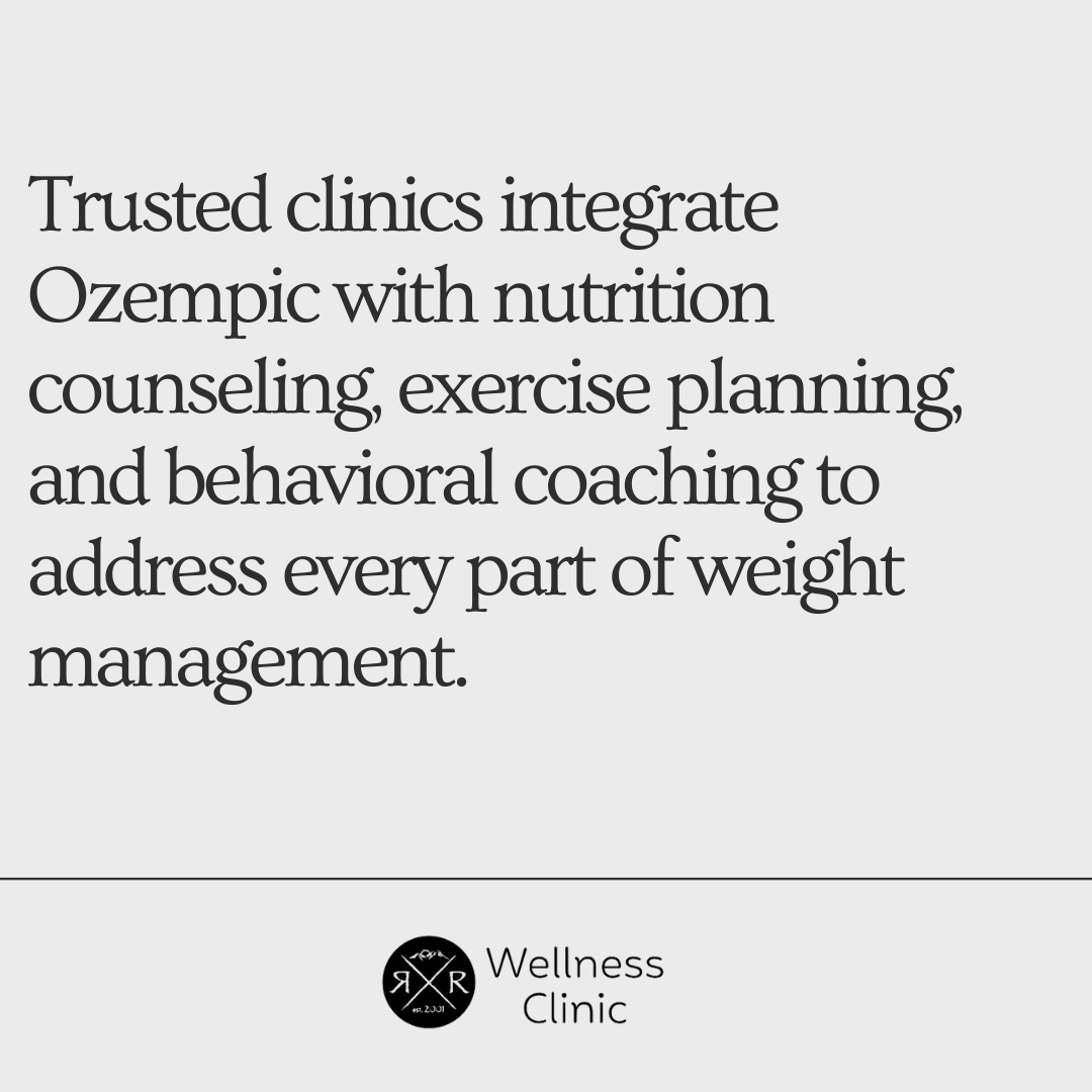 Graphic highlighting how trusted clinics combine Ozempic with nutrition counseling, exercise planning, and behavioral coaching for effective weight management
