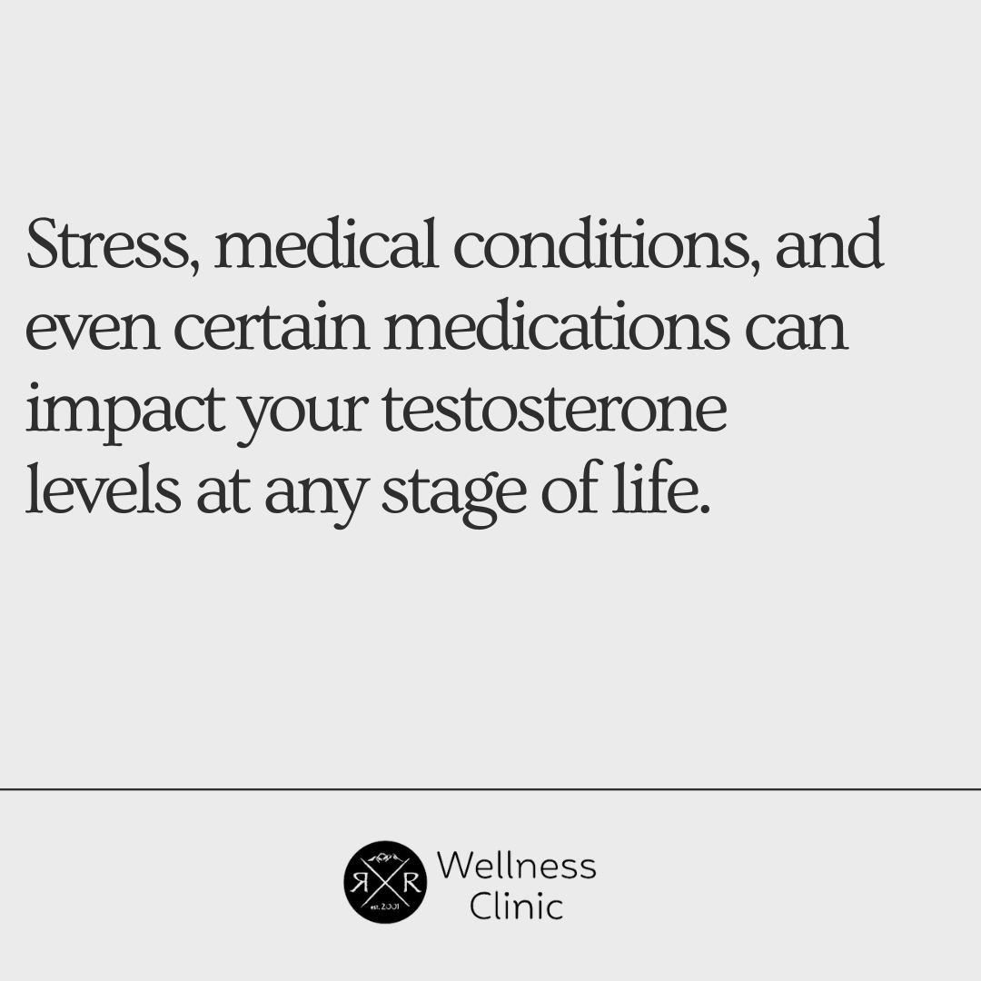 Text graphic from RR Wellness Clinic explaining that stress, medical conditions, and certain medications can affect testosterone levels at any age