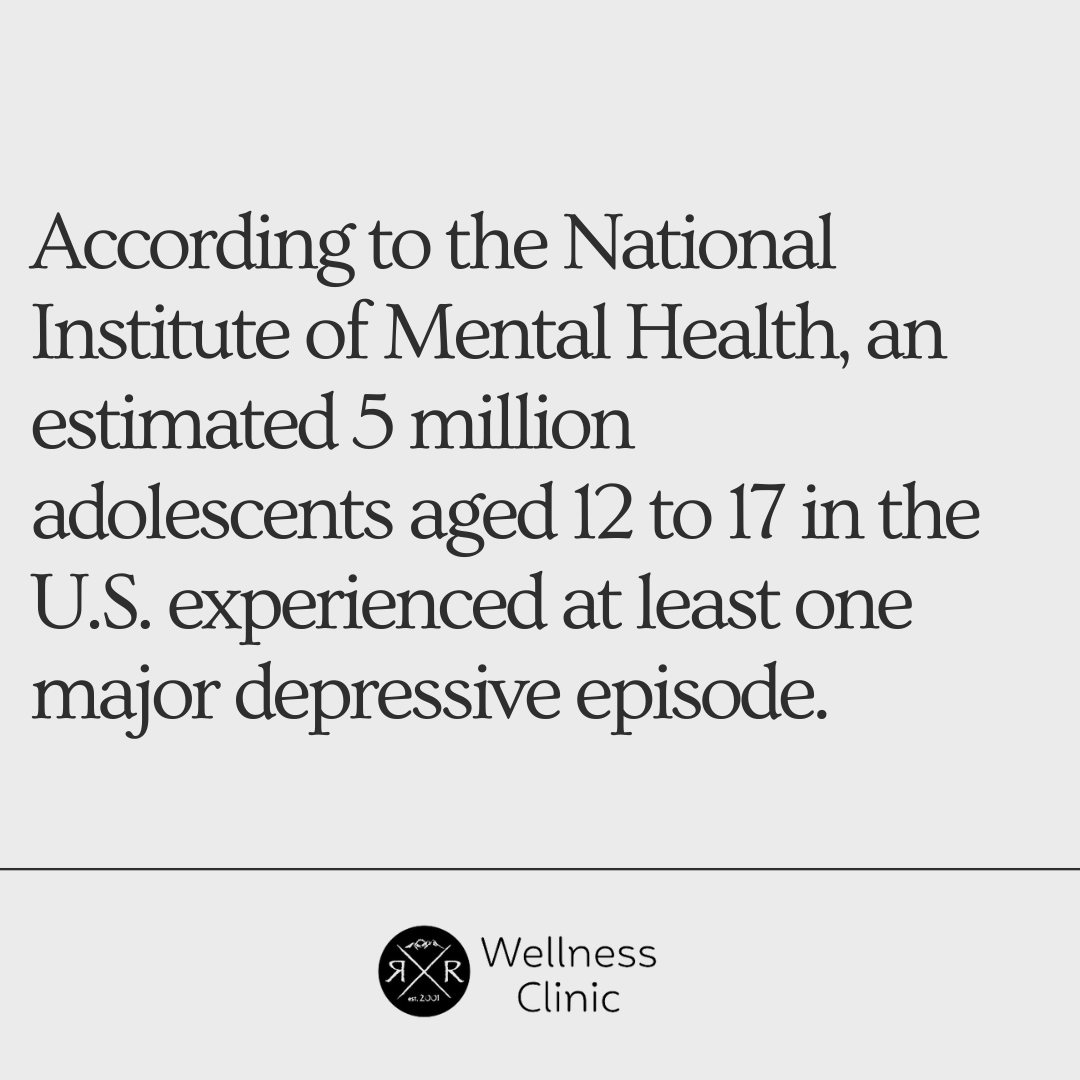 Infographic showing that 5 million U.S. adolescents aged 12-17 are currently prescribed antidepressants, per the National Institute of Mental Health