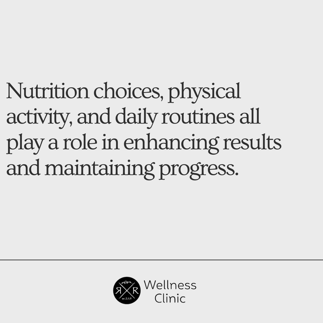 A graphic image stating how results of semaglutide weight loss near me can be enhanced with proper nutrition, physical activity, and healthy routines