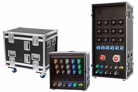 You see an image of Power Distribution Units in flight cases from the company INDU-ELECTRIC.