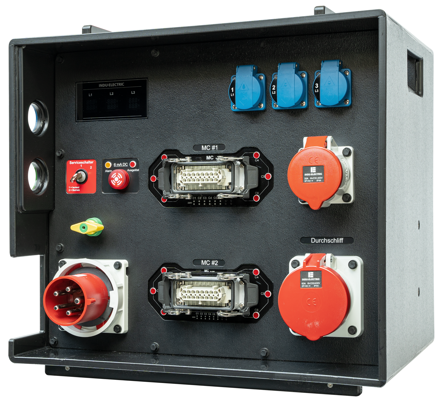 INDU-ELECTRIC THERMOLENE® transportable RCD Type MI integrated in Stackable Mobile Distribution Unit - CEE 63A 400V 5P