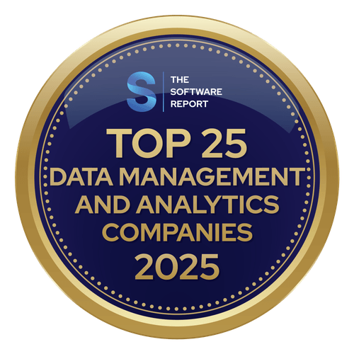 Gold and navy circular badge stating 'The Software Report Top 25 Data Management and Analytics Companies 2025'.