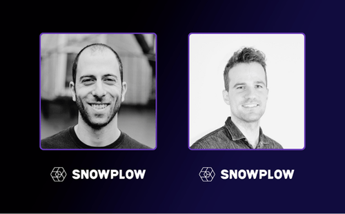 Black-and-white portraits of two smiling men above the Snowplow logo on a dark background.