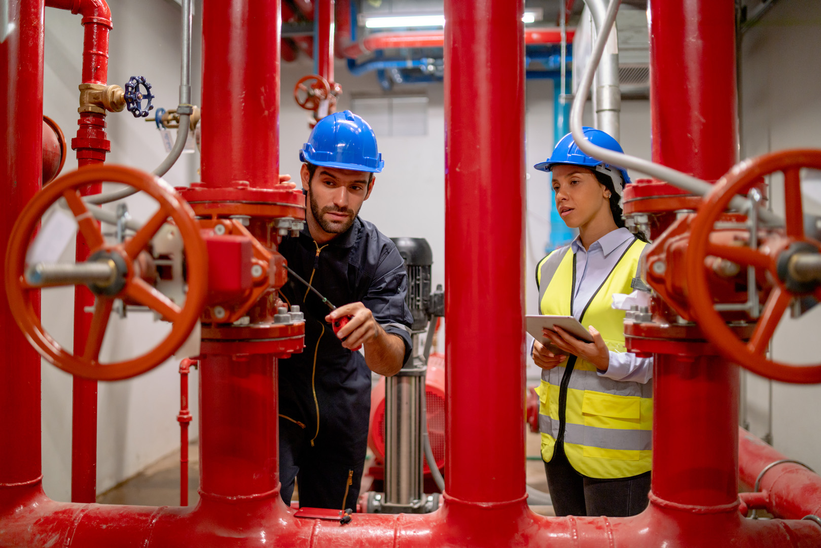 Two engineers discussing fire sprinkler system installation and inspection