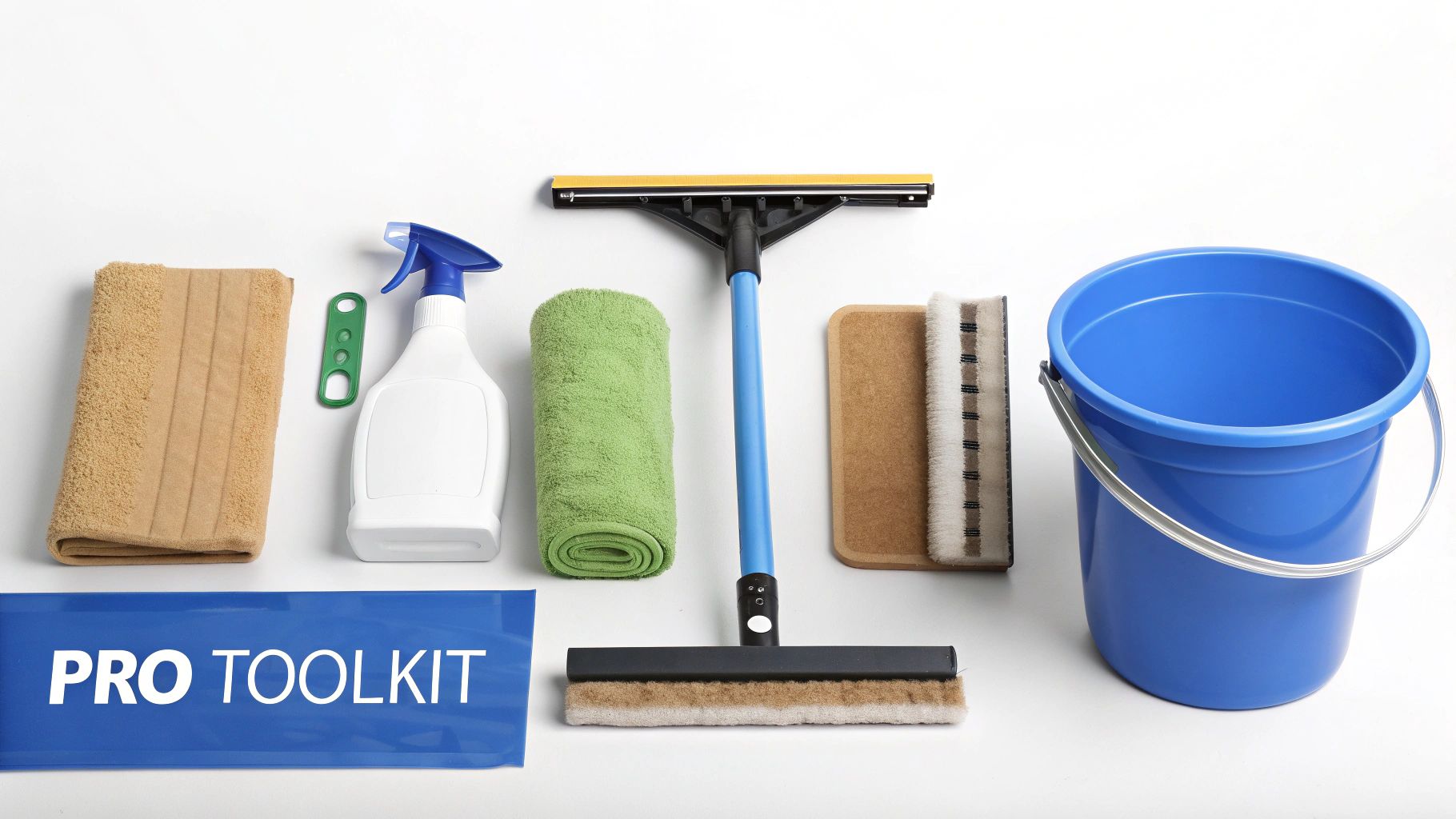A collection of window cleaning tools including a a squeegee, washer, and bucket laid out on a towel.