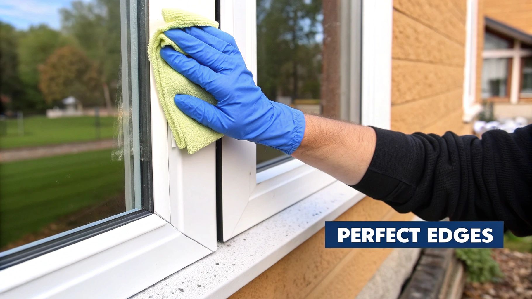 A close-up of a hand using a microfiber cloth to wipe the corner of a freshly squeegeed window.