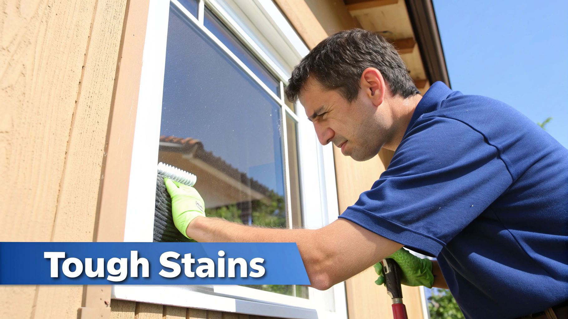 Close-up of a window with stubborn hard water spots.