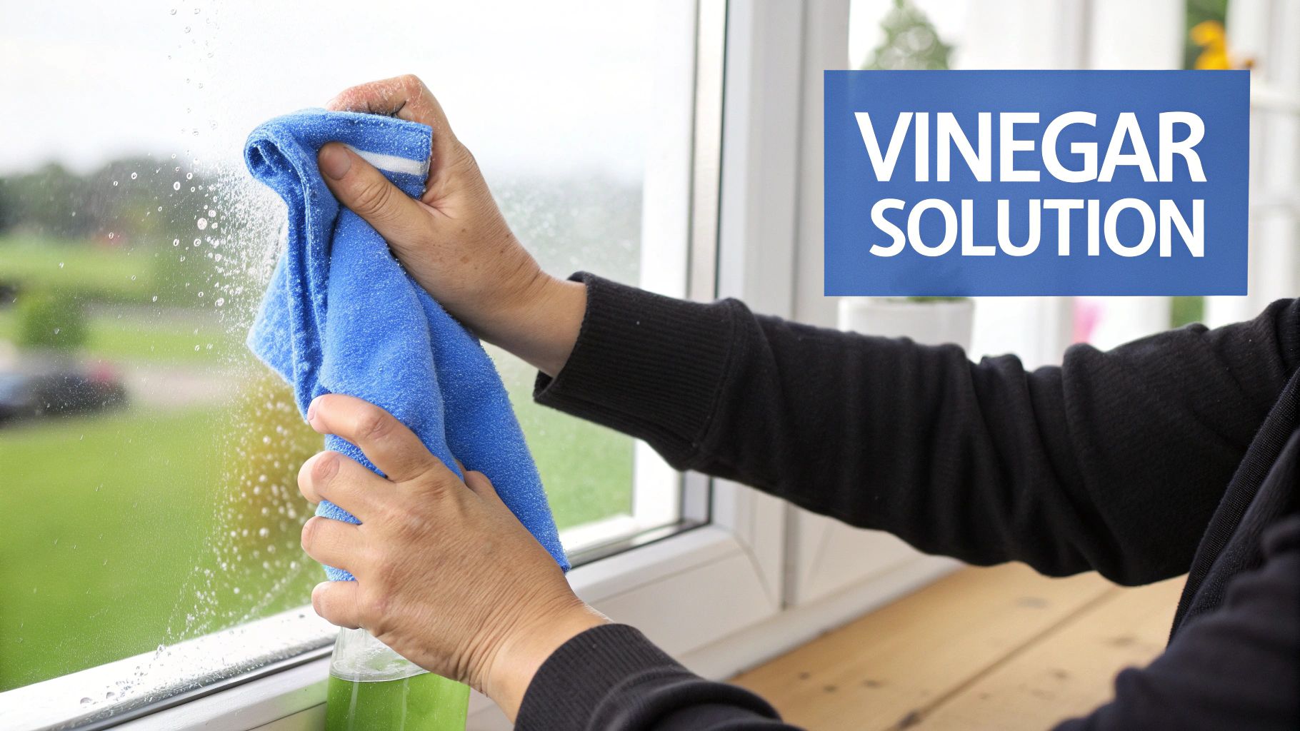 A spray bottle and a cloth on a window sill