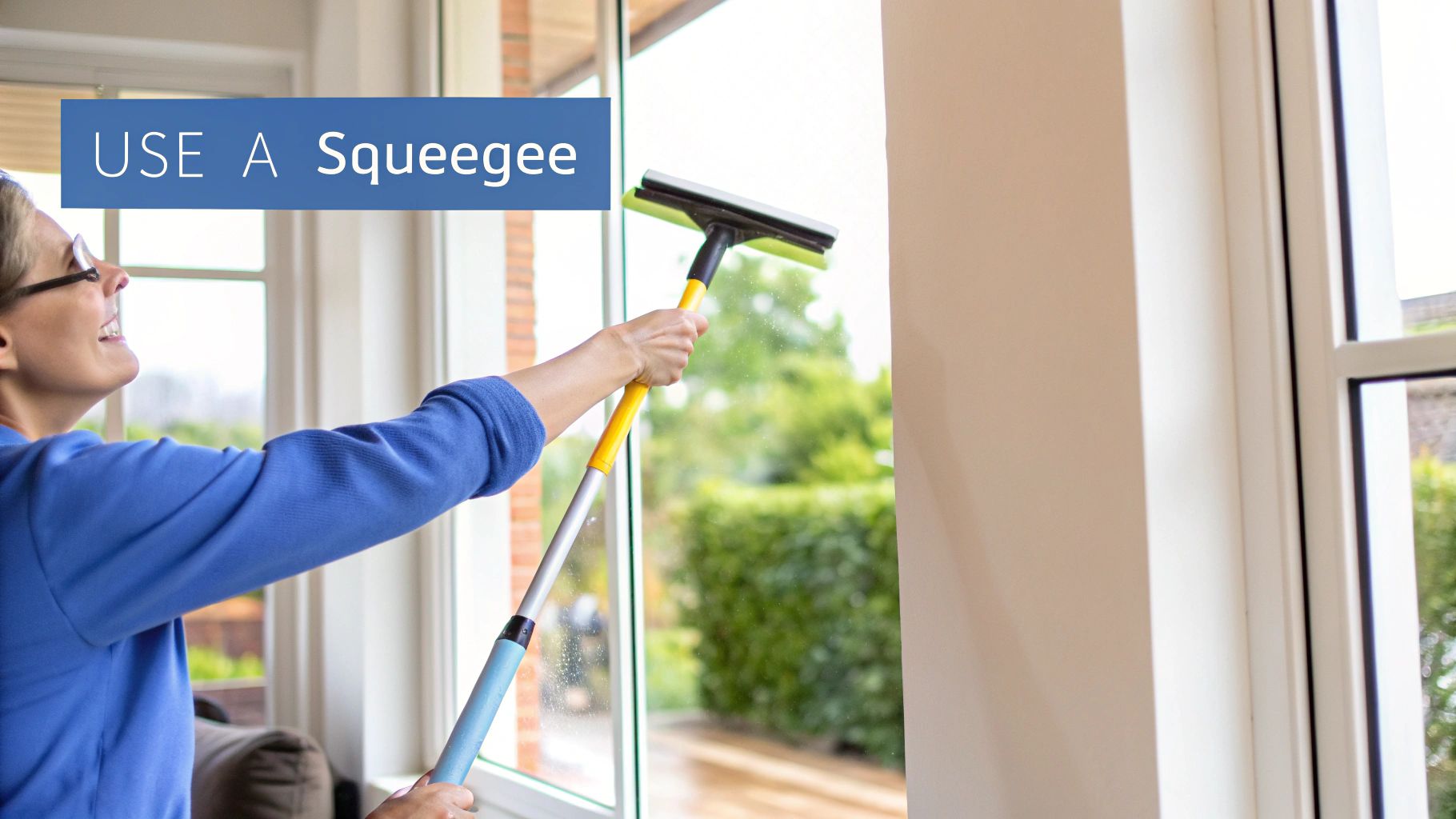 A person using a squeegee to clean a large interior window, demonstrating the professional technique.