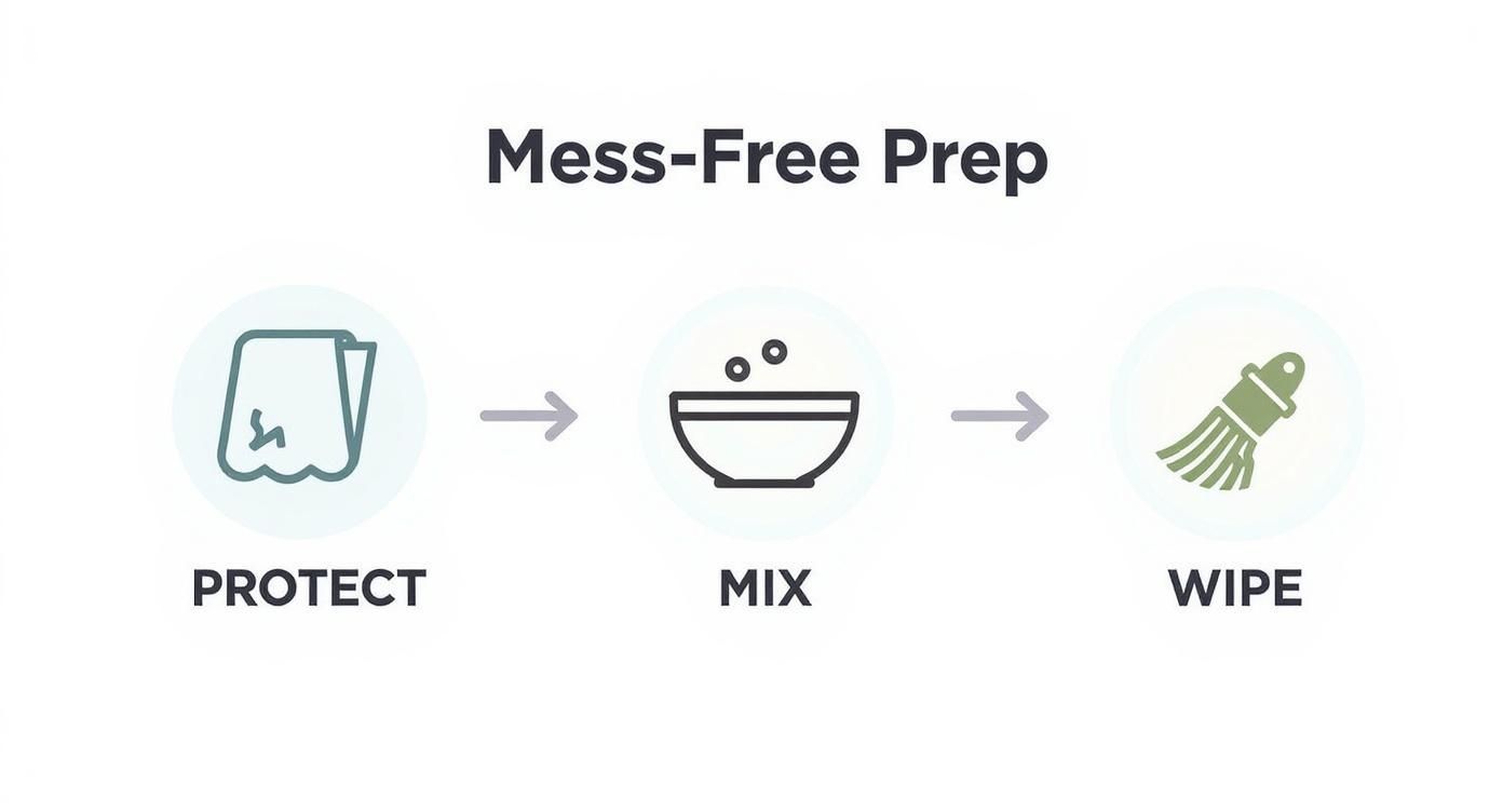 Infographic detailing the process of mess-free window cleaning preparation with icons for protecting surfaces, mixing solution, and wiping frames.
