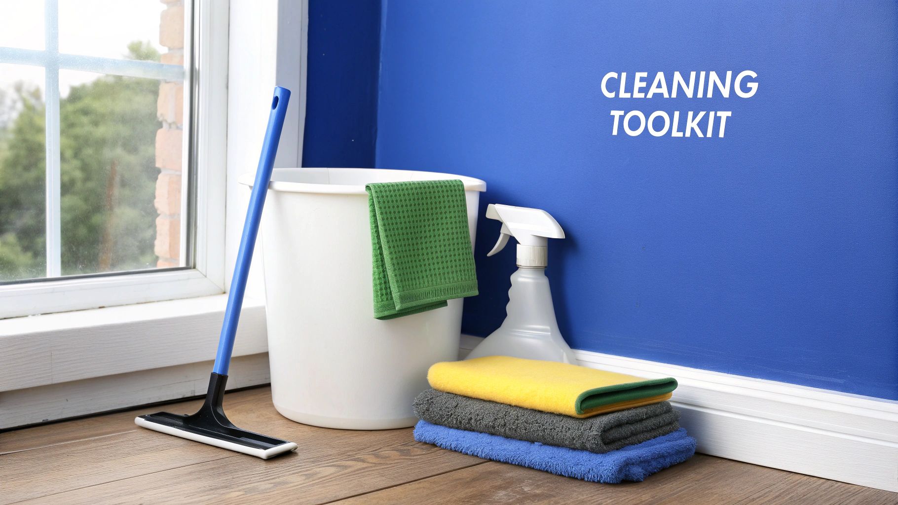 A collection of professional window cleaning tools, including a collection of professional window cleaning tools, including a squeegee, scrubber, and microfiber cloths, arranged neatly.