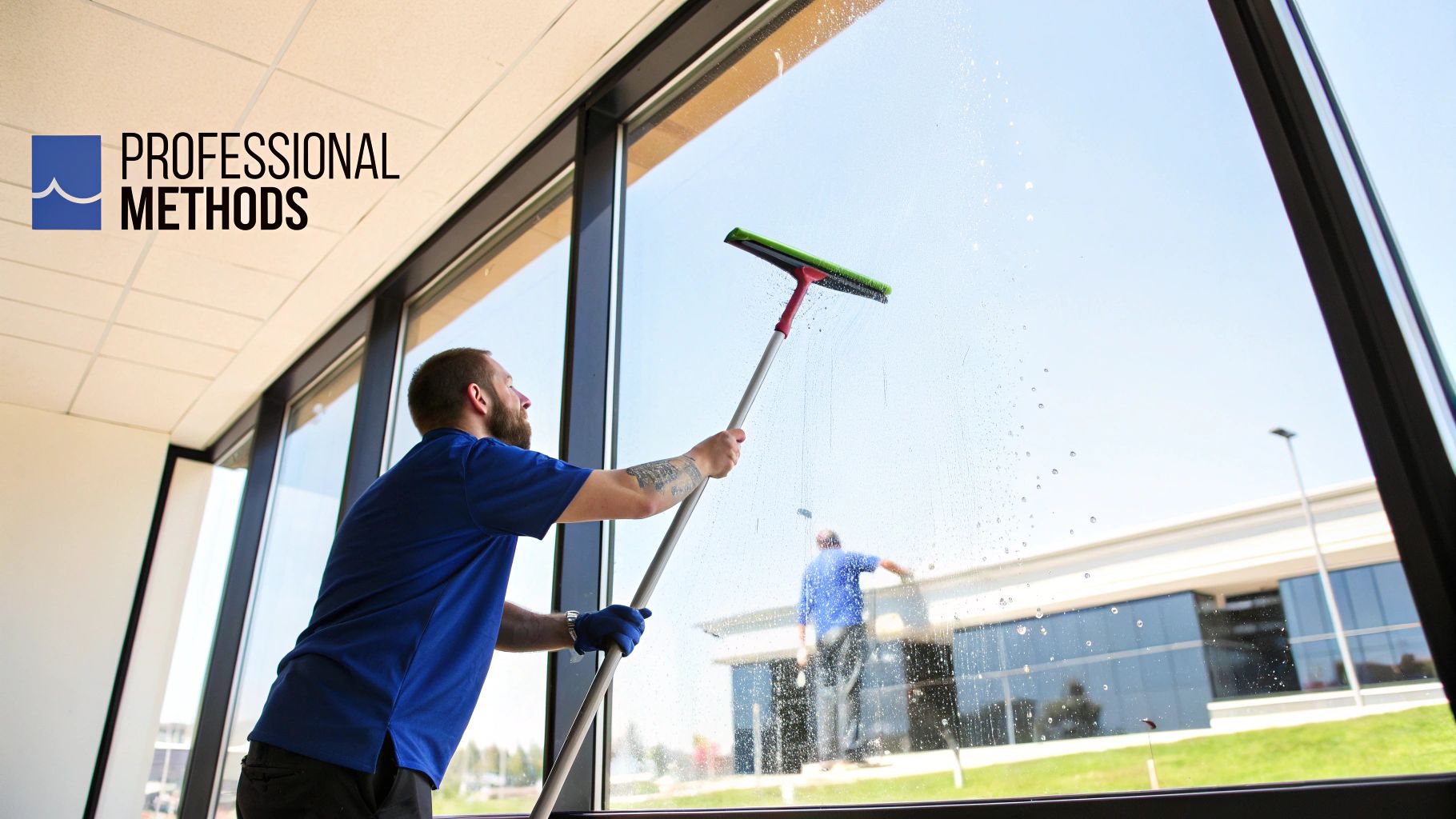A professional cleaner using a squeegee on a large window.