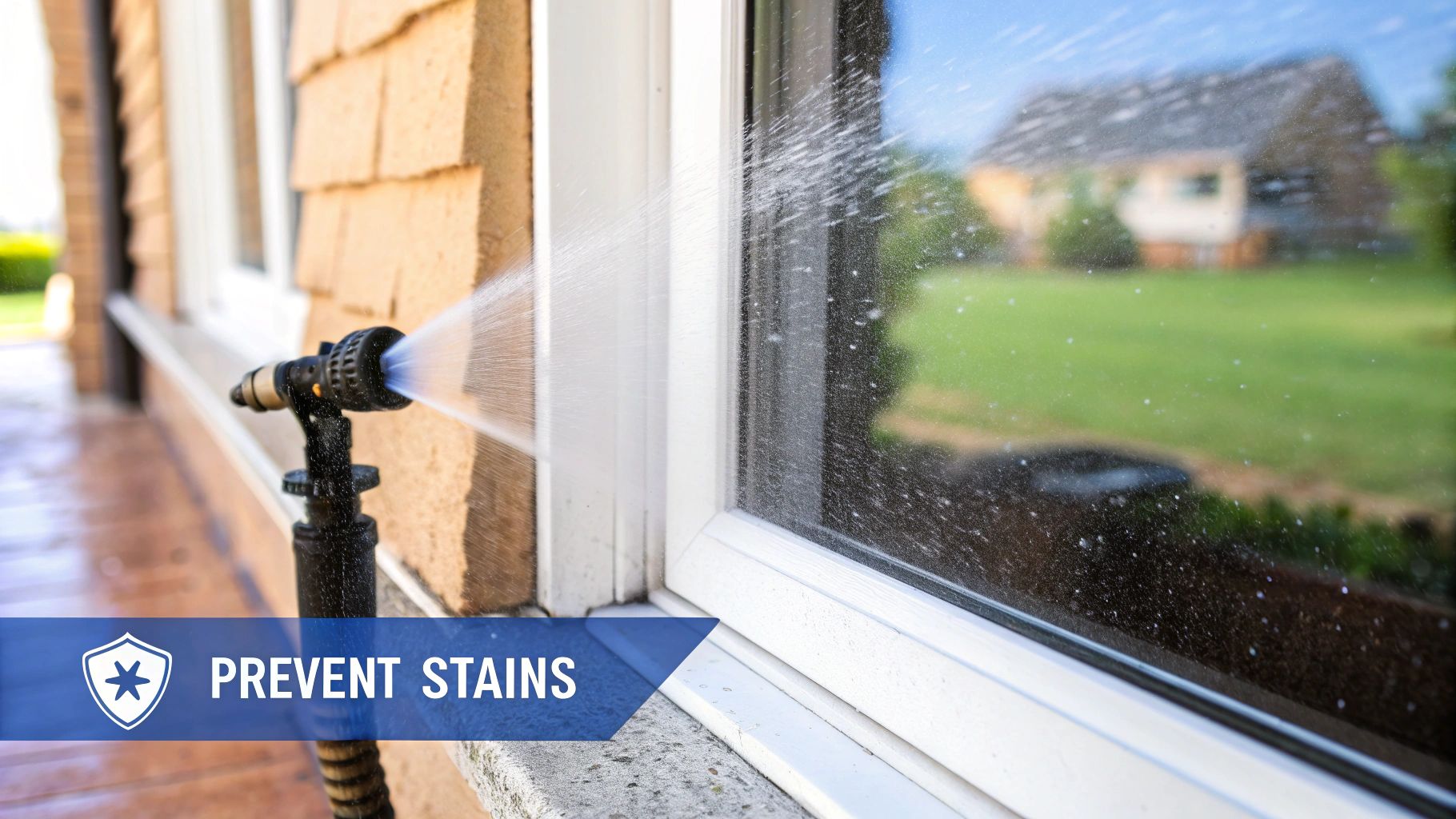 A clean window with water beading on its surface, demonstrating a protective sealant.