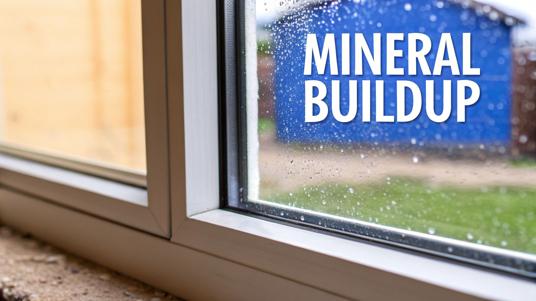 Close-up of a window covered in hard water spots, showing the white, chalky residue against the clear glass.