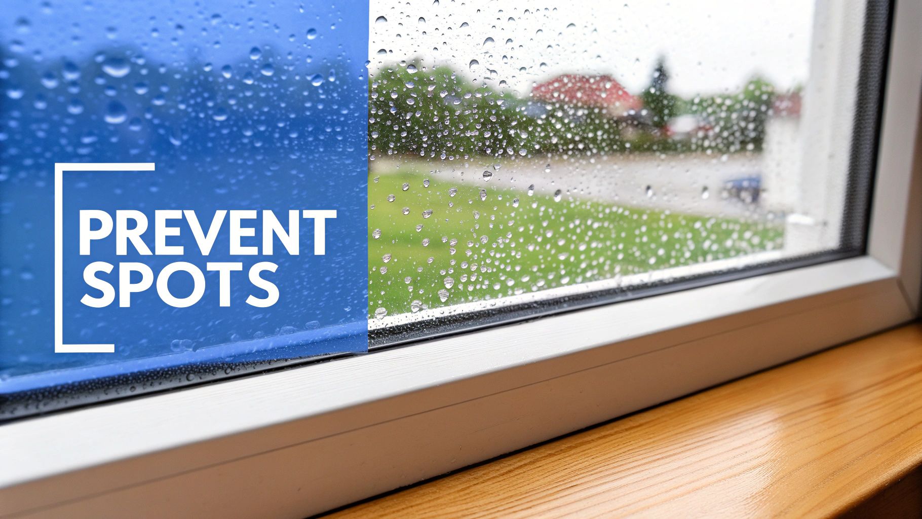 A squeegee wiping a clear, wet window, with water beading up and rolling off the glass.