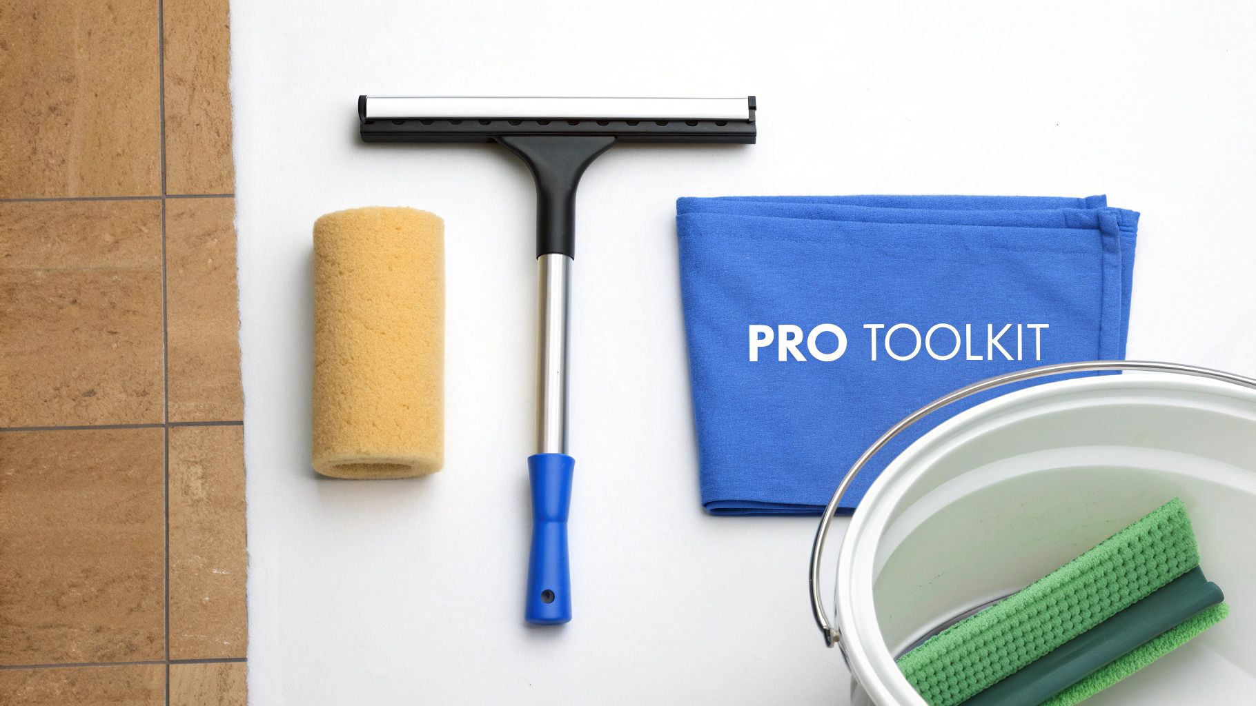A professional window cleaning toolkit with a squeegee, scrubber, and microfiber cloths.