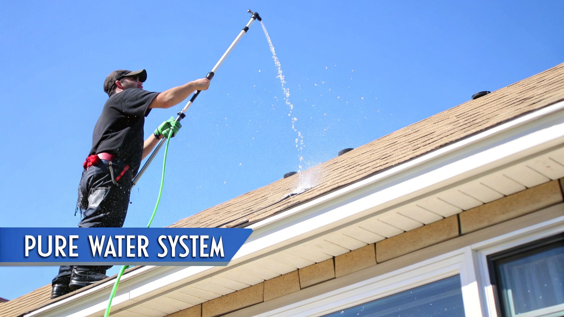 Professional using a water-fed pole system to clean high windows on a building