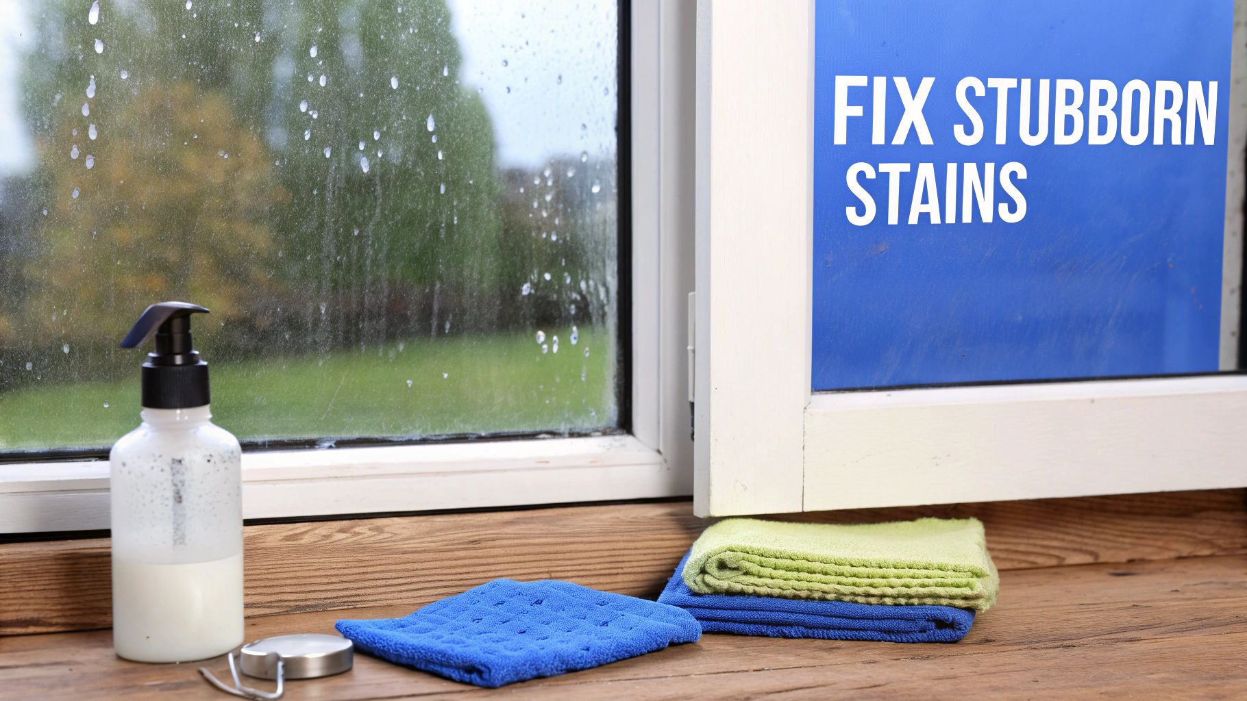 A person using a squeegee to clean a window, illustrating common window cleaning problems.