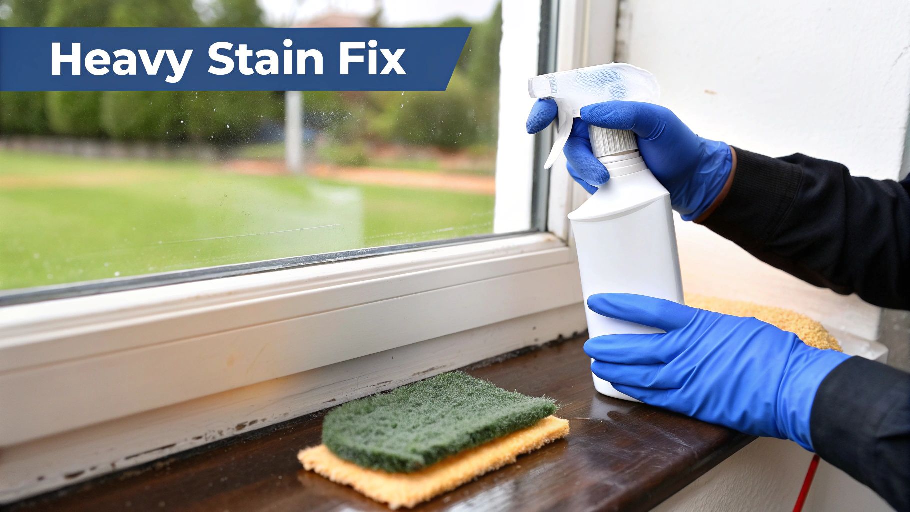 A person wearing protective gloves applies a commercial hard water stain remover cream to a window.