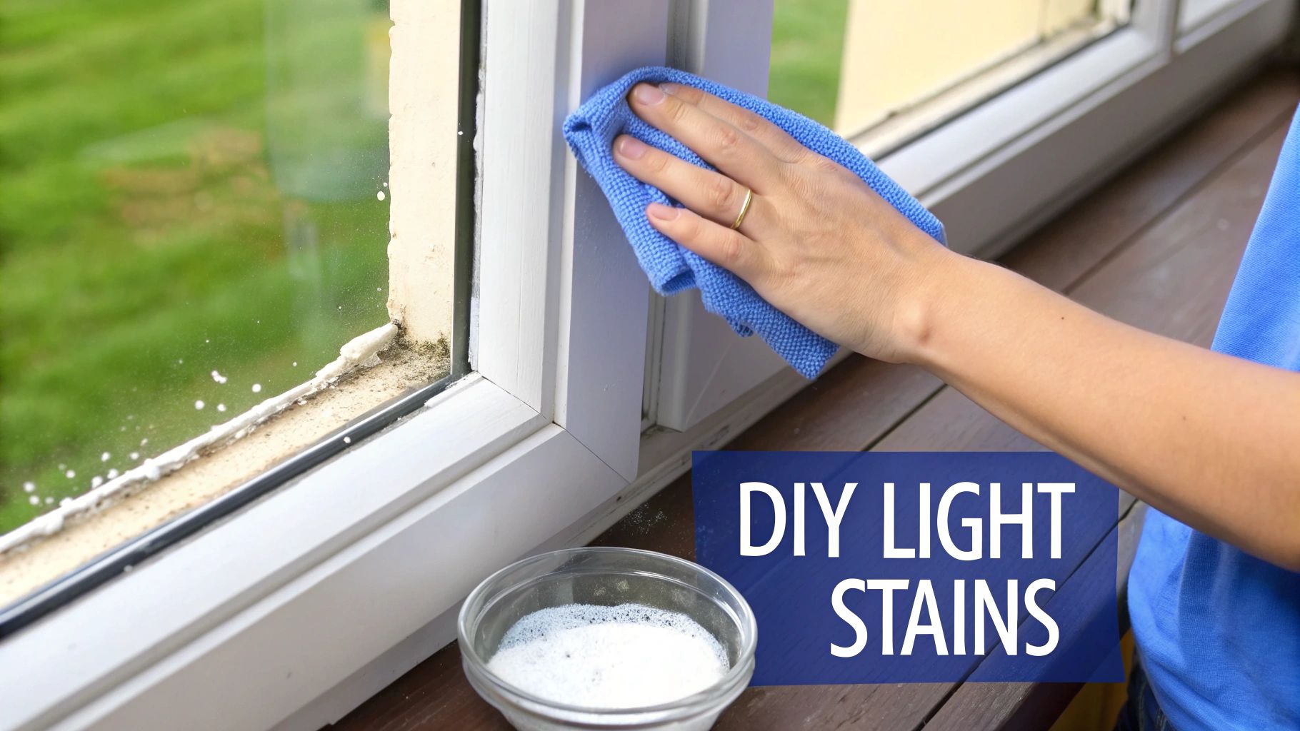 A spray bottle of vinegar and water solution next to a window with light hard water stains.