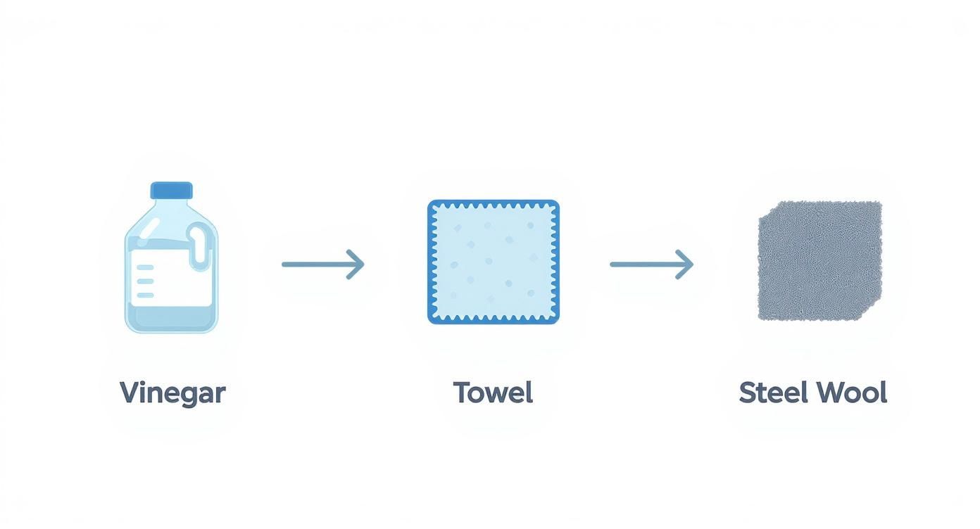 Infographic showing the process of building a cleaning toolkit with icons for vinegar, a microfiber towel, and #0000 steel wool.