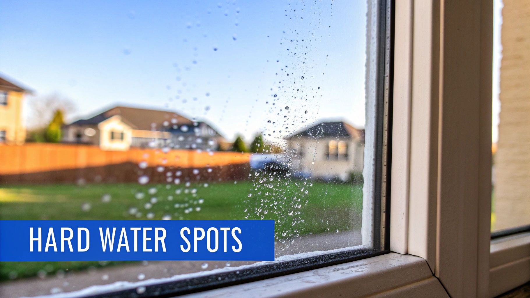 A close-up view of a window covered in hard water spots, showing the white, chalky residue left by minerals.