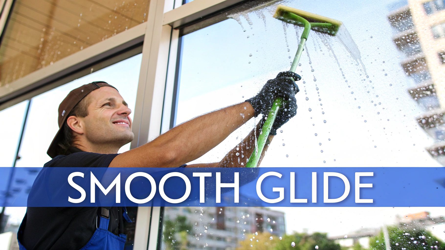 A professional window cleaner using a squeegee on a large commercial window