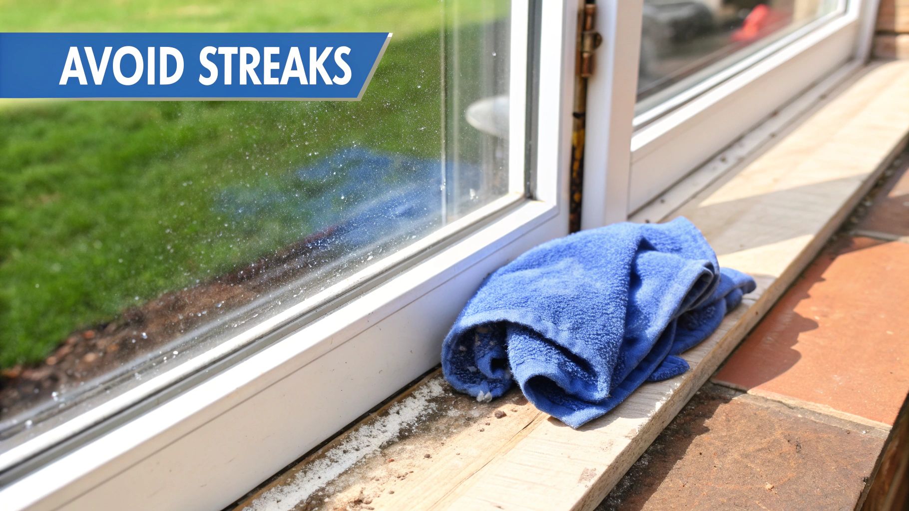 A person's hand wiping a window with a squeegee, leaving streaks behind.