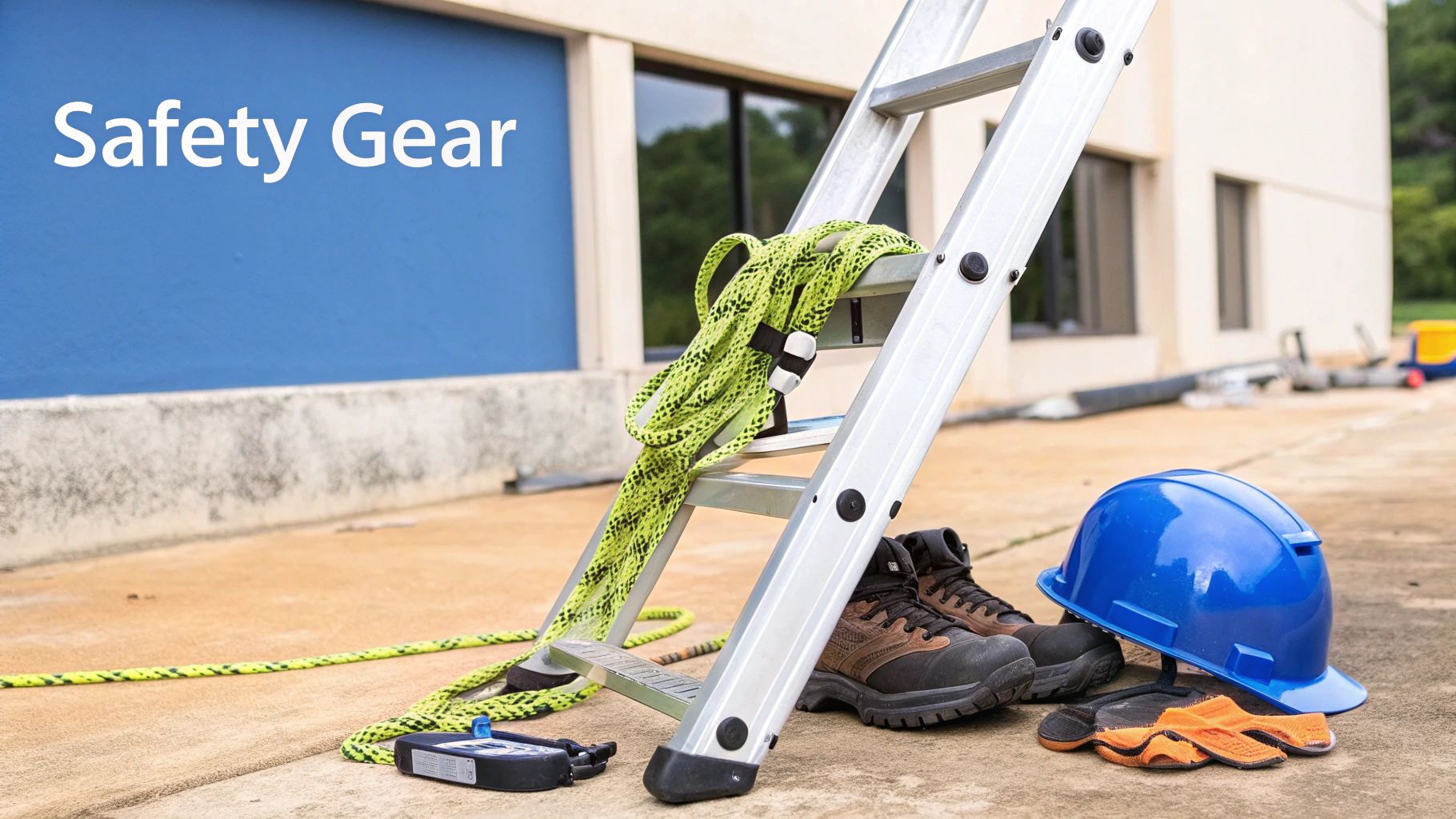 A professional window cleaner using a rope access system on a high-rise building.