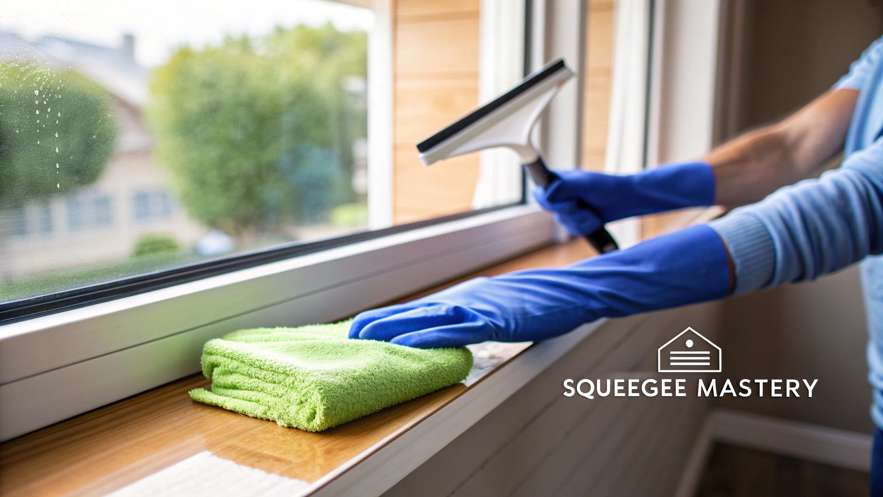 A professional window cleaner using a squeegee to clean a large glass window, showing the tool in action.